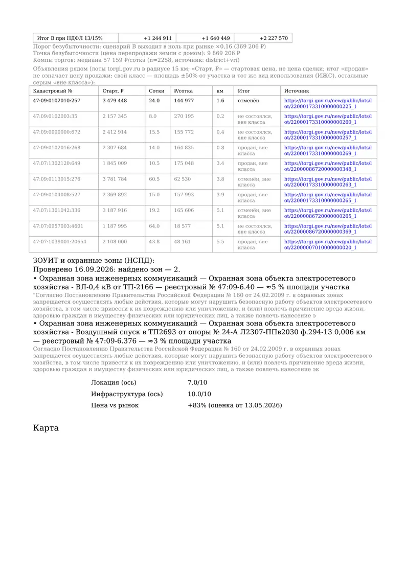 Стр. 3 · Компы, ЗОУИТ и карта: страница реального PDF-отчёта по участку 47:09:0102002:520